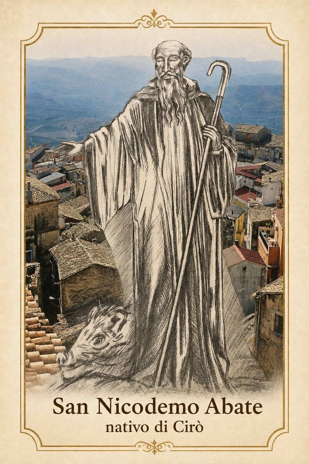 Rappresentazione illustrativa di San Nicodemo Abate legata al progetto della statua
